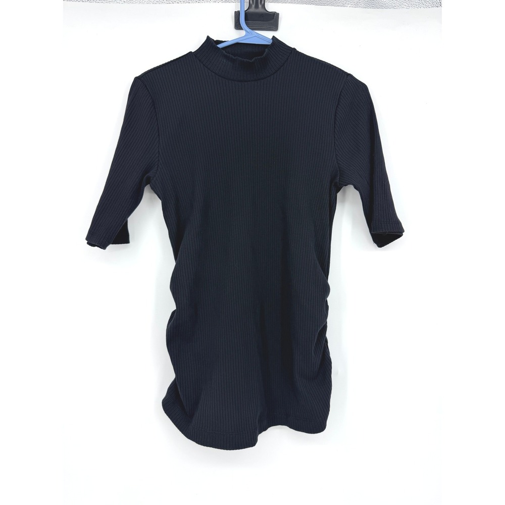 Old Navy Maternity Mock Neck Ribbed Side Ruched‎ Elbow Sleeve Top Black Medium